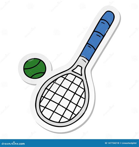 Sticker Cartoon Doodle Tennis Racket And Ball Stock Vector