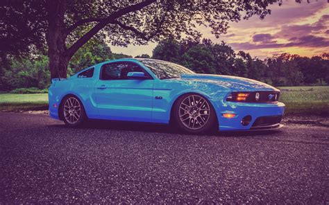 Ford Mustang Muscle Cars Low Ride Tuning Blue Cars Wallpapers Hd