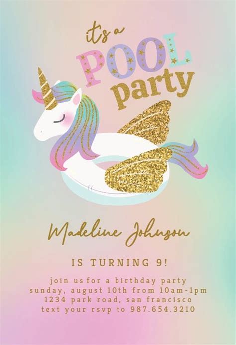 Unicorn Pool Birthday Party Birthday Invitation Template Greetings Island Pool Party
