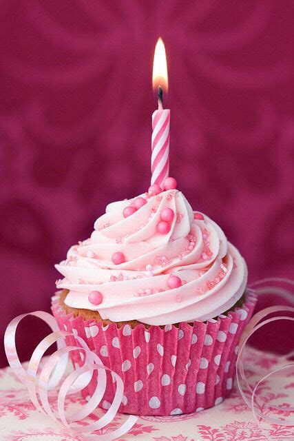 Pink Birthday Cupcake With Lit Candle Happy Birthday Cupcakes