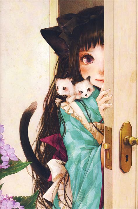 배경 화면 4624x6993 Px 동물 애니메이션 삽화 아름다운 고양이 귀엽다 꽃 소녀 머리 긴