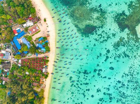 Aerial View Of Sunrise Beach With Long Tail Boats In Koh Lipe Satun Thailand Stock Image