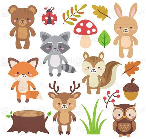 Woodland Animals Clipart Forest Animal Clip Art Wild Cute Etsy