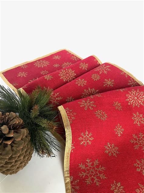 Find stylish home furnishings and decor at great prices! Christmas table runner/ Red Burlap Table Runner with Gold snowflakes Rustic Christmas Farmhouse ...