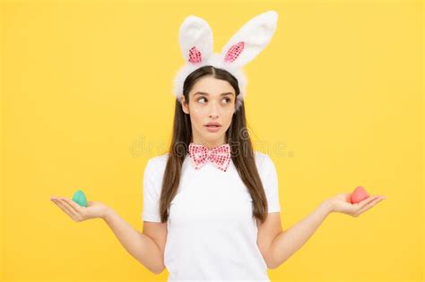 Easter Eggs Hunt Attractive Cheerful Smiling Girl In Bunny Ears