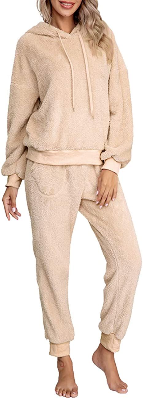 fluffy pyjama sets for women girls ladies comfy snuggle warm fleece twosie pjs set hooded tops