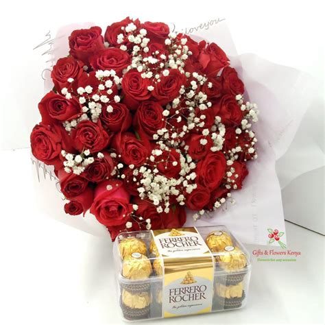 Roses Bouquet Ferrero Pcs Chocos Gifts And Flowers Kenya Same Day Flower Delivery Kenya