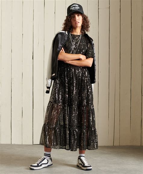 Womens Woven Short Sleeve Sequined Midi Dress In Black Superdry