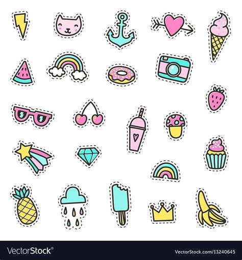 Set Of Cute Pins Stickers Objects Vector Hand Drawn Illustration