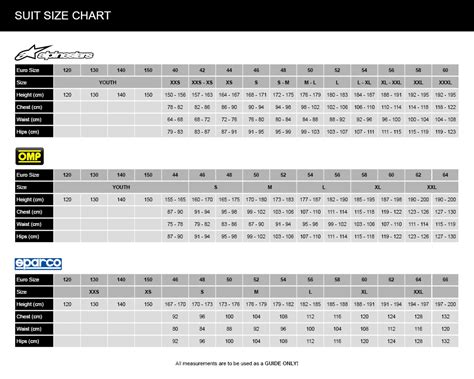 Size Chart For Alpinestars Sparco And Omp Racewear