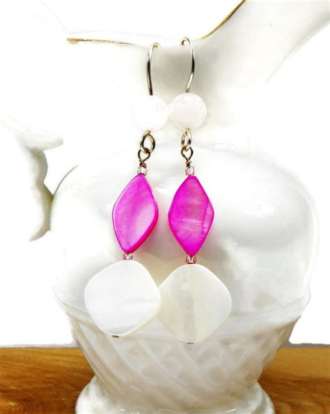 Pink Earrings Mother Of Pearl Shell Earrings Pink Dangle Etsy