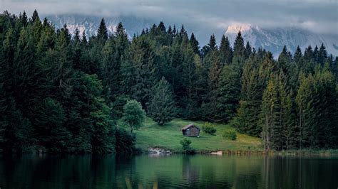 Lake Lawn Cabin Forest Mountains Nature Picture Photo Desktop