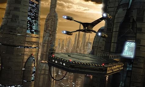 Science Fiction City Scene With Starfighter Touching Down