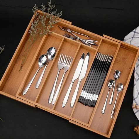 Expandable Cutlery Bamboo Drawer Organizer Cutlery Tray Kitchen Multi