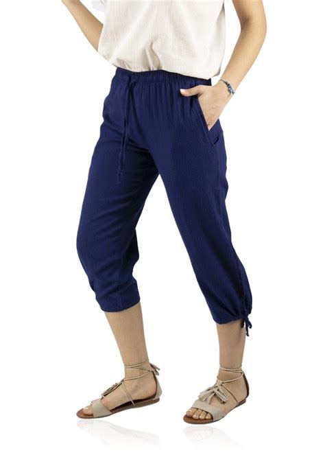 English Womens Navy Blue Gauze Capri Pants Modestune
