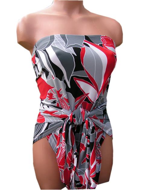 Bathing Suit Medium Wrap Around Swimsuit Red And Grey Flower On Luulla