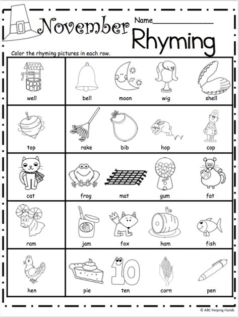 Free Kindergarten Rhyming Worksheets For November Made By Teachers