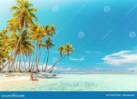 travel vacation perfect iconic beach with beautiful woman in bikini on private beach island motu