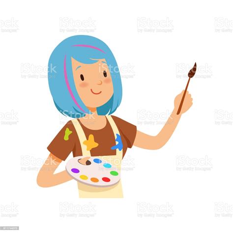 Artist Character Girl With Blue Hairs Holding Palette And Paint Brush