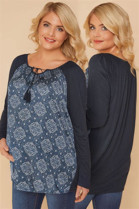 Bump It Up Maternity Navy Mandala Swing Top With Lace Up