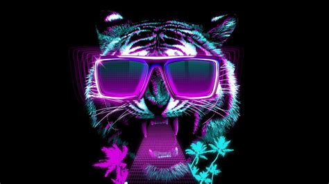 Wallpaper Tiger Sunglasses Neon Graphic Design Retrowave Eyewear
