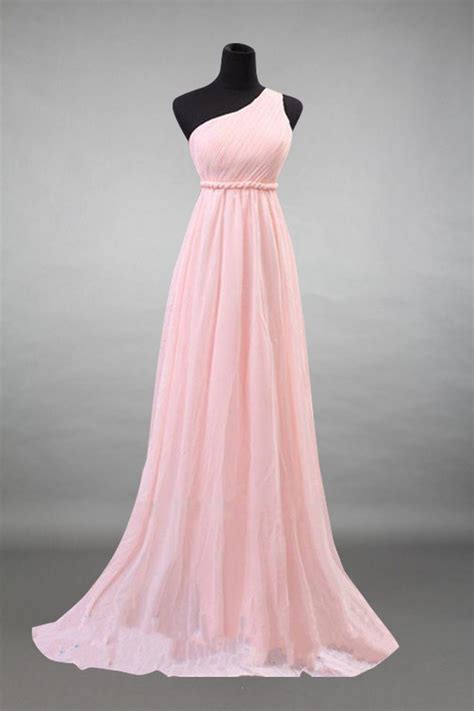 One Shoulder Baby Pink Chiffon Long Bridesmaid Dress Pink Bridesmaid