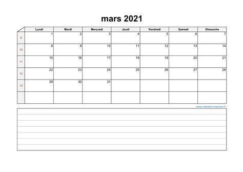 Calendrier Mars 2021 à Imprimer