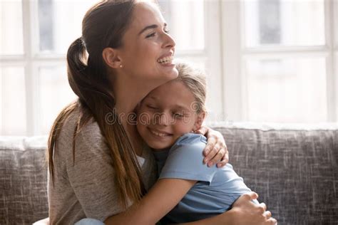 Small Girl Child Hug Happy Young Mom Stock Image Image Of Generation