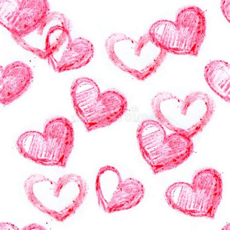 Hand Drawn Crayon Hearts On White Background Pink Hearts Illustration Valentines Day Seamless