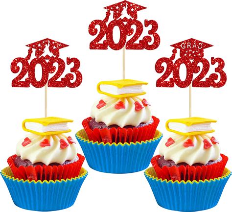 Gyufise 24pcs Graduation Cupcake Toppers 2023 Red Glitter