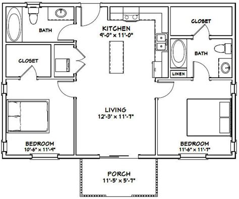 36x24 House 2 Bedroom 2 Bath 864 Sq Ft Pdf Floor Plan Etsy Small