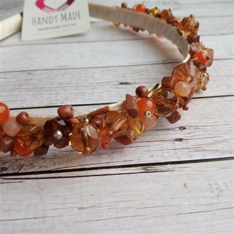 Very high quality clear glass: Burnt orange tiara embroidered with natural stone ...