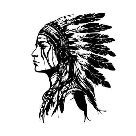 Girl Head With Native American Indian Chief Accessories Logo Hand Drawn
