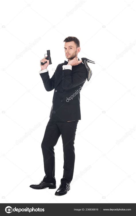 Elegant Secret Agent Black Suit Holding Handgun High Heels Isolated