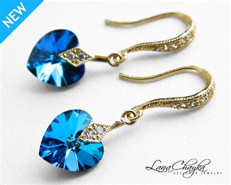 Bermuda Blue Heart Crystal Earrings Vermeil Gold CZ Peacock Etsy