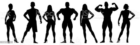Set Of Bodybuilders Vector Silhouettes Posing Muscular Men