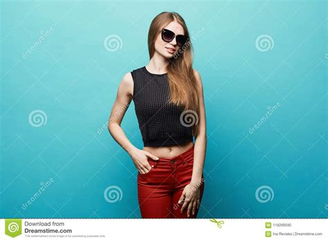 And Sensual Blonde Model Young Woman With Perfect Body In Black Fashionable T Shirt In Red