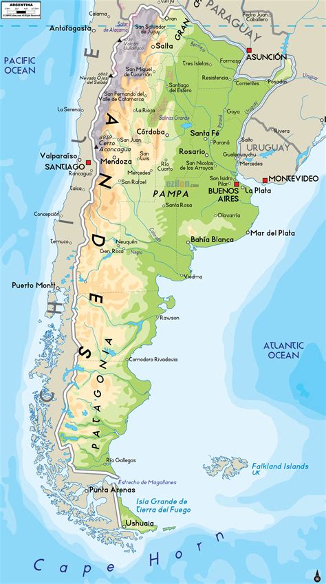 Large Physical Map Of Argentina With Major Cities Argentina South