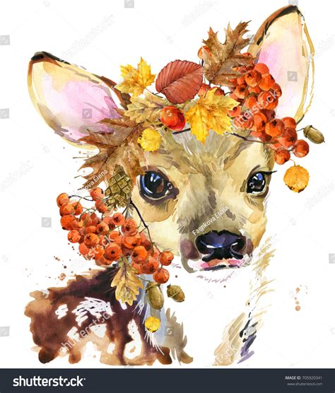 Watercolor Cute Deer Illustration Autumn Forest Stock Illustration