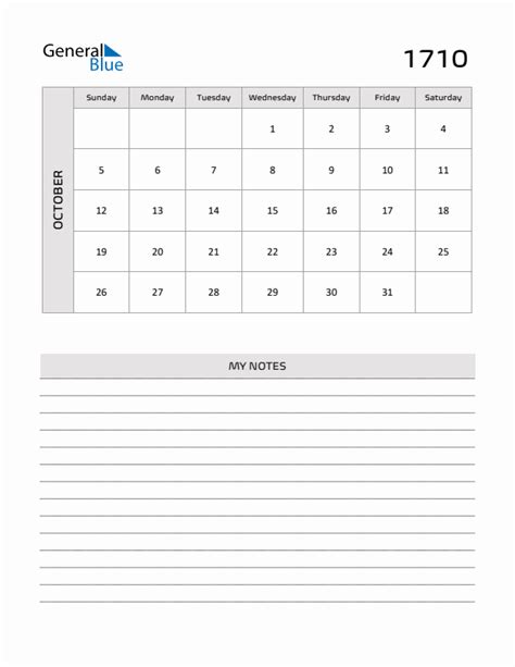 October 1710 Printable Monthly Calendar With Notes