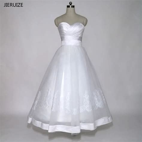 Jieruize White Simple Tea Length Wedding Dresses Lace Up Back
