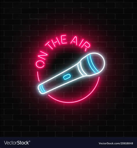 Neon On The Air Sign With Microphone In Round Vector Image
