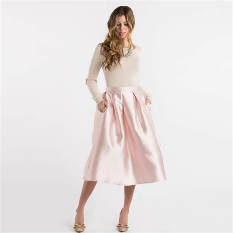 Bright Color Pink Satin Midi Skirts Women Custom Made Zipper Band Waistline A Line Mid Calf