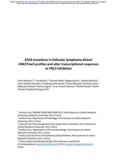 Pdf Ezh2 Mutations In Follicular Lymphoma Distort H3k27me3 Profiles