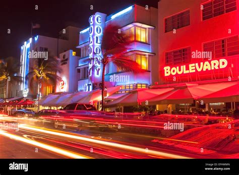 Ocean Drive At Night With Design Hotel Colony Art Deco District South Beach Miami Florida
