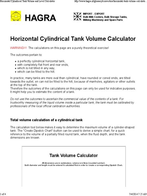 Horizontal Cylindrical Tank Volume And Level Calculator Pdf Volume
