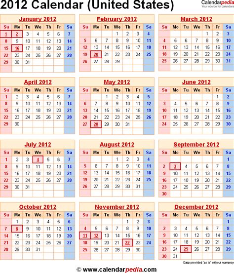 2012 Calendar with Federal Holidays
