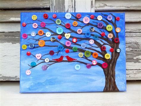 Button Art Tree With Red Birdshandpainted Canvaswall Button Tree