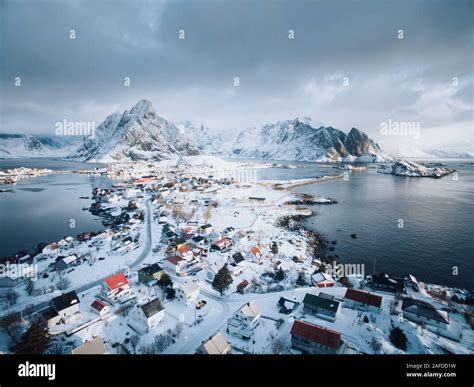 Reine Aerial View With Snow Lofoten Islands Norway Stock Photo Alamy