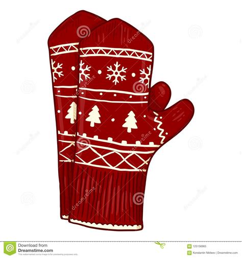 Vector Cartoon Color Illustration Red Knitted Mittens